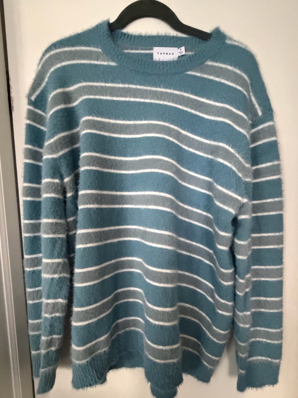 Topman Men’s M Teal and White Striped Fuzzy Crew Sweater